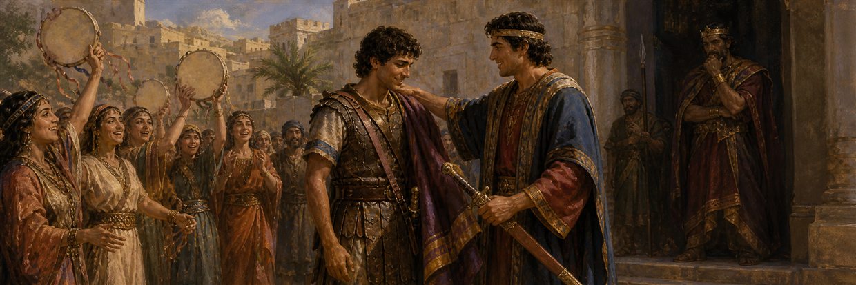 Jonathan placing his robe on David while Saul watches from a shadowed doorway